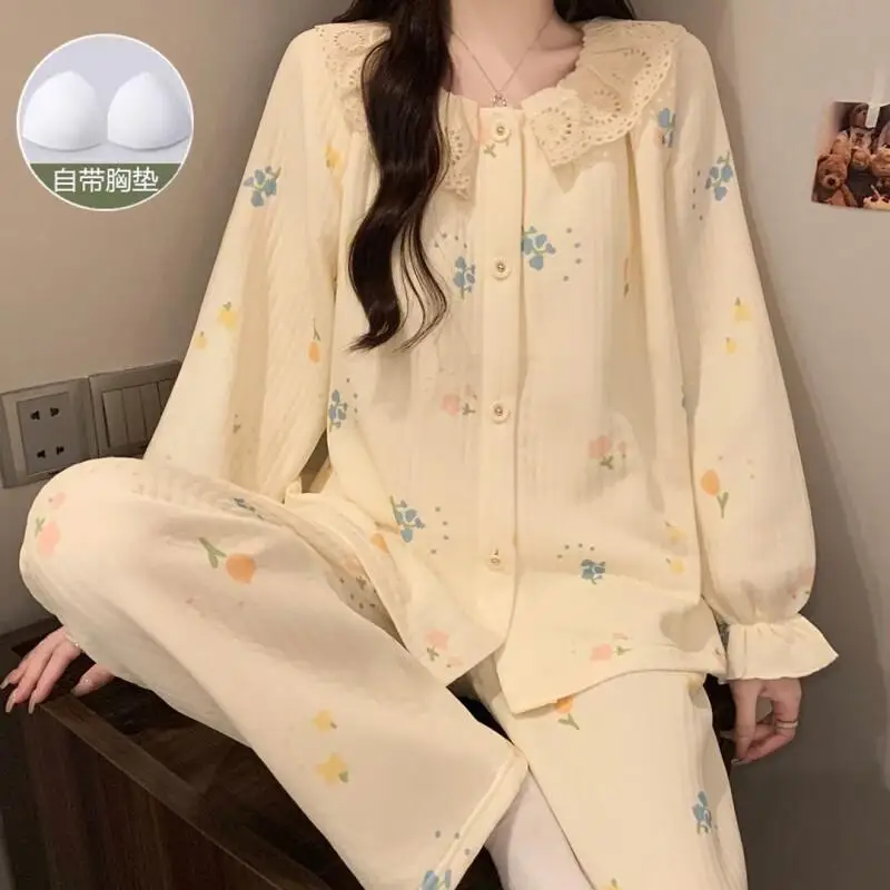 New Hot Womens Spring Autumn Air Cotton Pajama Set with Chest Pad Cartoon Sweet Loose Homewear Sleepwear Can Be Worn Outside
New Hot Womens Spring Autumn Air Cotton Pajama Set with Chest Pad Cartoon Sweet Loose Homewear Sleepwear Can Be Worn Outside