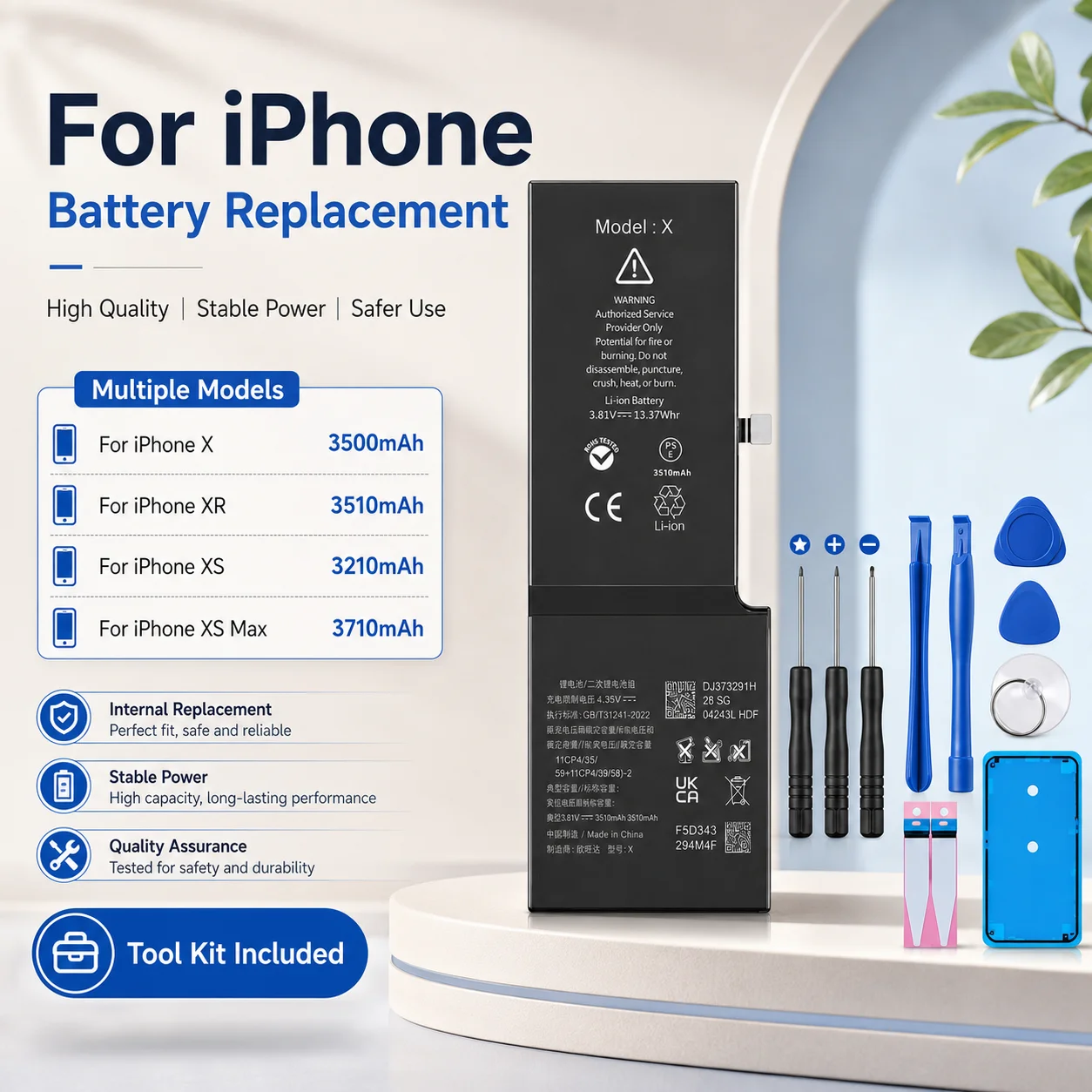 Li-ion Rechargeable Battery Replacement Complete with Tools for iPhone X XS XR XS Max Internal Repair Parts
Li-ion Rechargeable Battery Replacement Complete with Tools for iPhone X XS XR XS Max Internal Repair Parts