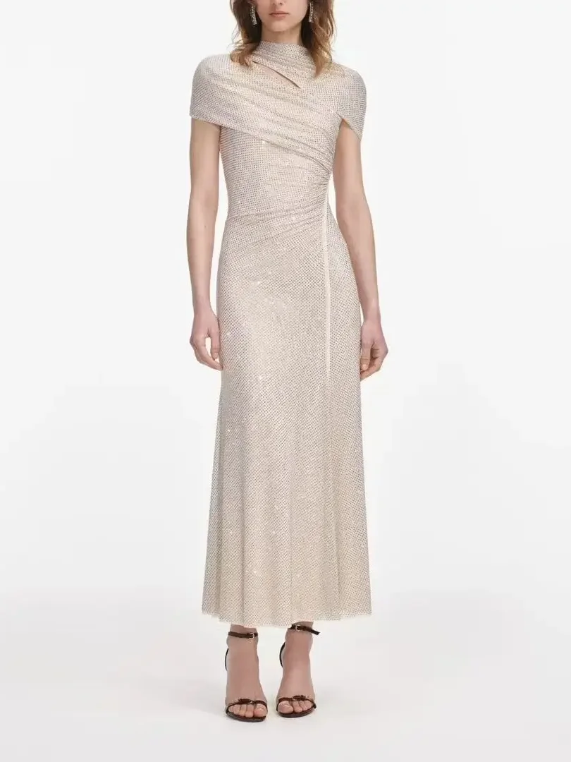 Rhinestone Decoration Women Slim Robe Round Neck Short Sleeve Fashion Slim Maxi Dress
Rhinestone Decoration Women Slim Robe Round Neck Short Sleeve Fashion Slim Maxi Dress