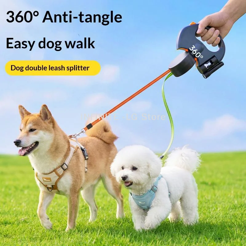 360 Degree Double-Ended Dog Leash Auto Retractable Traction Rope With Flashlight Poop Bag Box For Walking Two Dogs Pet Leash