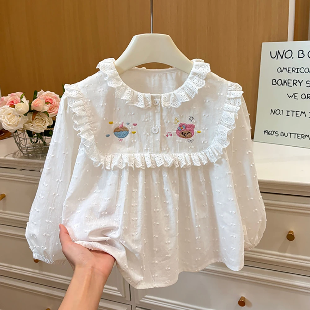 Kids Sweet Shirts White Lace Collar Long Sleeve Embroidery Cartoon Blouse for Girls Baby Korean Style Children Shirts Tops
Kids Sweet Shirts White Lace Collar Long Sleeve Embroidery Cartoon Blouse for Girls Baby Korean Style Children Shirts Tops