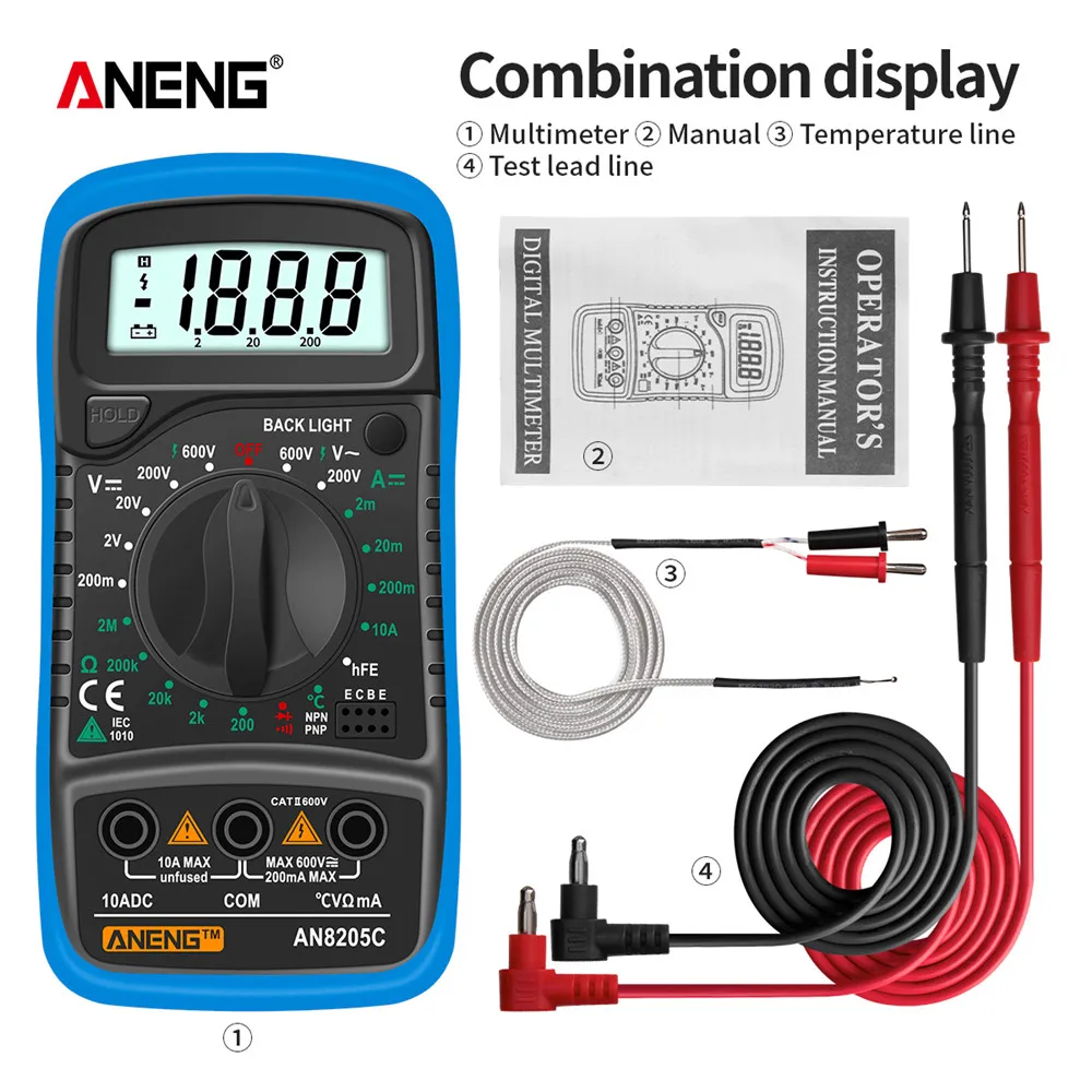 ANENG AN8205C Digital Tester AC/DC Ammeter Multimeter Volt Ohm Multimetro Meter With Thermocouple LCD Backlight Portable Tools
ANENG AN8205C Digital Tester AC/DC Ammeter Multimeter Volt Ohm Multimetro Meter With Thermocouple LCD Backlight Portable Tools