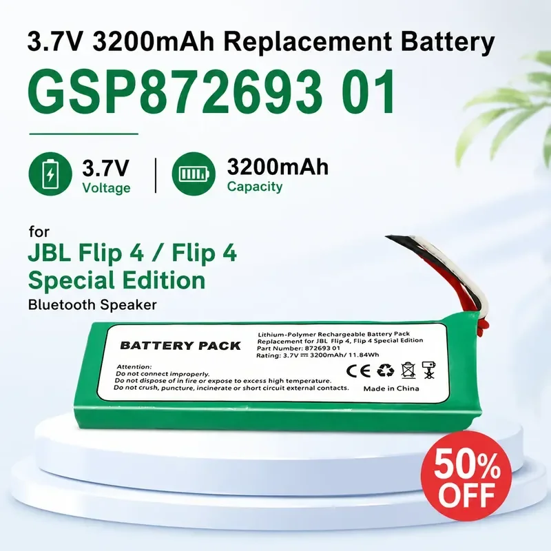 3.7V 3200mAh Replacement Battery GSP872693 01 for JBL Flip 4 / Flip 4 Special Edition Bluetooth Speaker
3.7V 3200mAh Replacement Battery GSP872693 01 for JBL Flip 4 / Flip 4 Special Edition Bluetooth Speaker