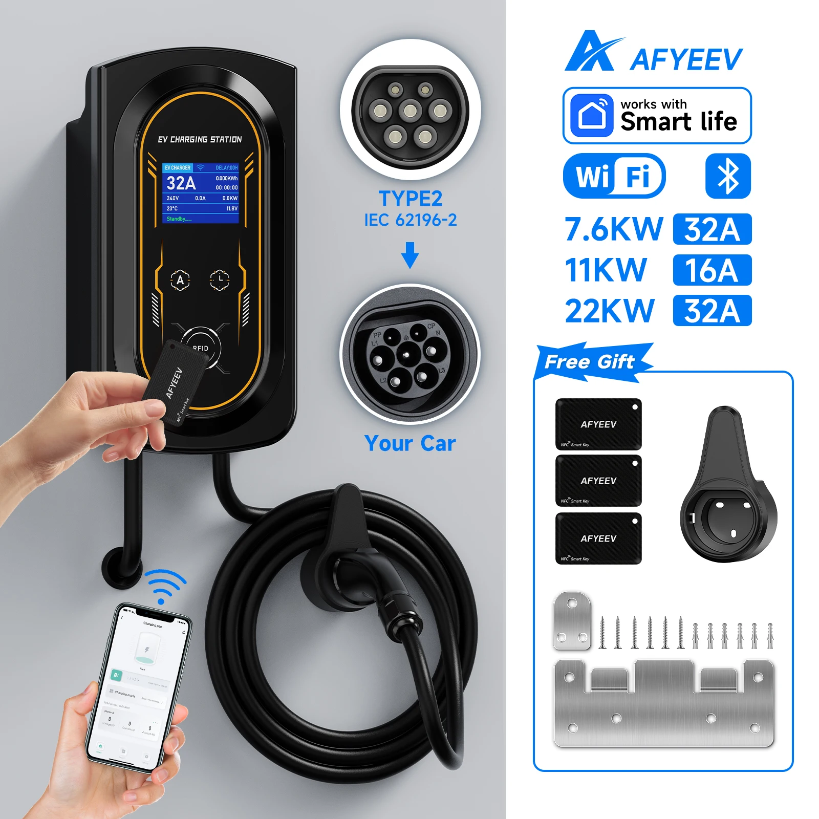 AFYEEV EV Charger 32A 7.6KW Electric Vehicle Car Charger EVSE Wallbox 11KW 22KW 3Phase Type2 Cable IEC62196-2 Socket APP Control
AFYEEV EV Charger 32A 7.6KW Electric Vehicle Car Charger EVSE Wallbox 11KW 22KW 3Phase Type2 Cable IEC62196-2 Socket APP Control