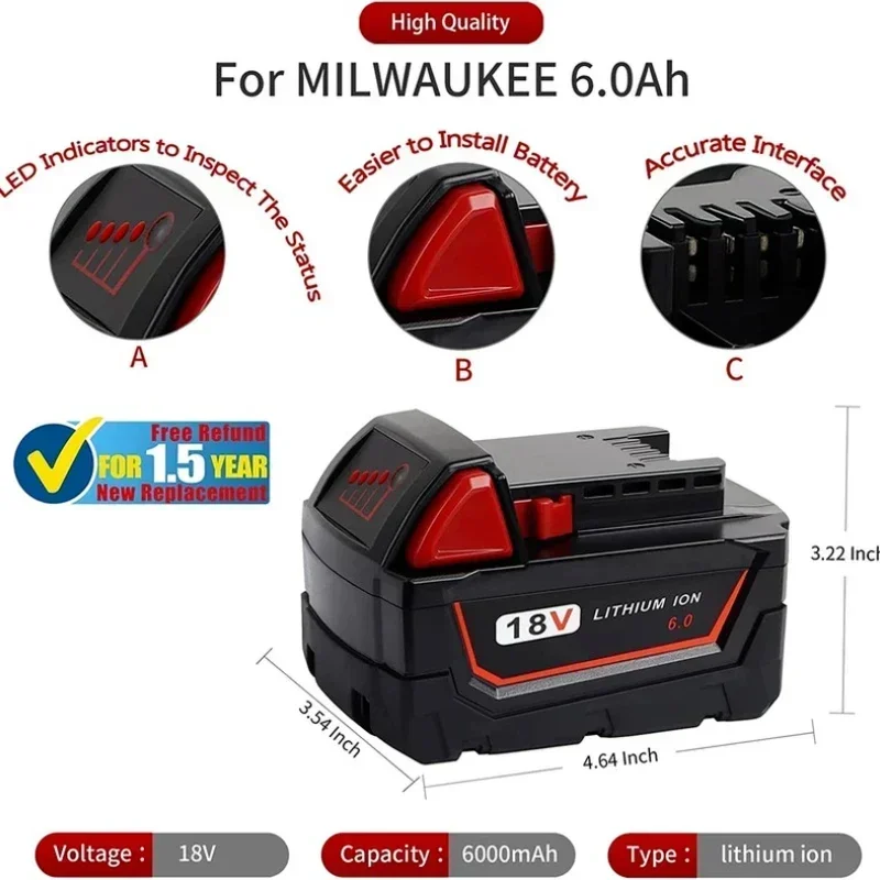 18v 6.0Ah Lithium Ion Batteries for Milwaukee M18 Battery 48-11-1850 48-11-1862 48-11-1840 48-11-1828 48-11-1815 Power Tools
18v 6.0Ah Lithium Ion Batteries for Milwaukee M18 Battery 48-11-1850 48-11-1862 48-11-1840 48-11-1828 48-11-1815 Power Tools