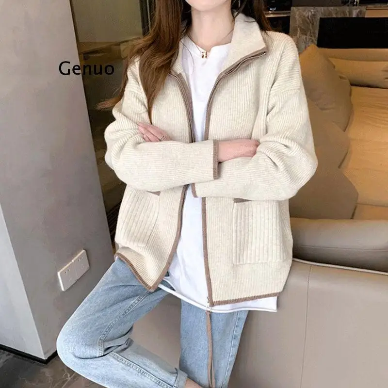 Contrast Turn Down Collar Cardigan Long Sleeve Zipper Sweaters for Women Oversized Twist Y2k Clothes
Contrast Turn Down Collar Cardigan Long Sleeve Zipper Sweaters for Women Oversized Twist Y2k Clothes