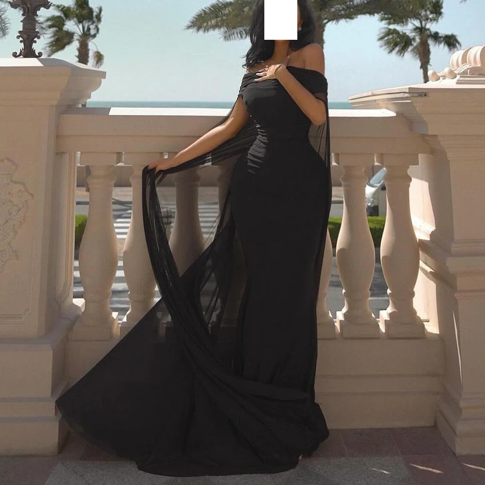 Off the Shoulder Floor Length Straight Jersey Short Sleeves Sweep Train Pleats Solid Black Evening Dress Special Occasion Gowns
Off the Shoulder Floor Length Straight Jersey Short Sleeves Sweep Train Pleats Solid Black Evening Dress Special Occasion Gowns