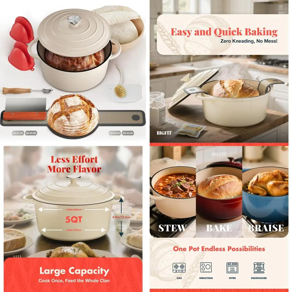 Cast Iron Dutch Oven for Sourdough Bread Baking with Proofing Basket and Baking Supplies, 5-Quart Multi-Functional, Ideal for Ho
Cast Iron Dutch Oven for Sourdough Bread Baking with Proofing Basket and Baking Supplies, 5-Quart Multi-Functional, Ideal for Ho