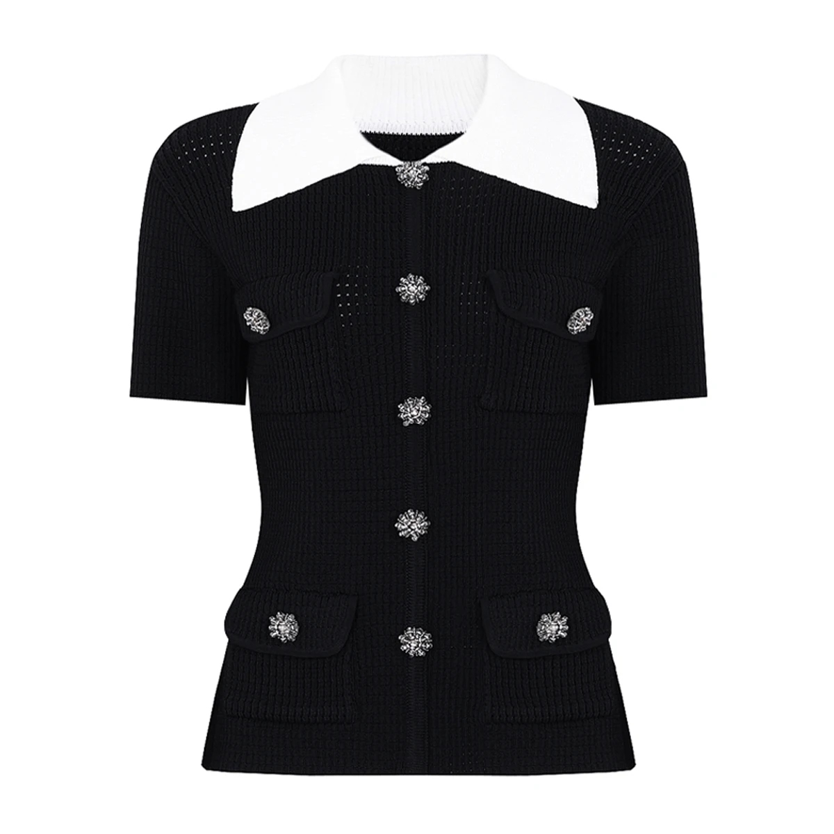 26101 Summer New Fashionable Collar Popular Heavy Duty Diamond Buckle Knitted Hollow Short Sleeved T-Shirt Women's Cardigan
26101 Summer New Fashionable Collar Popular Heavy Duty Diamond Buckle Knitted Hollow Short Sleeved T-Shirt Women's Cardigan