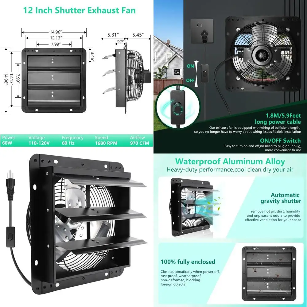 12 Inch Wall Mount Exhaust Fan for Attic, Greenhouse, and Barn Ventilation with ON/OFF Switch, 970 CFM, 1680 RPM
12 Inch Wall Mount Exhaust Fan for Attic, Greenhouse, and Barn Ventilation with ON/OFF Switch, 970 CFM, 1680 RPM