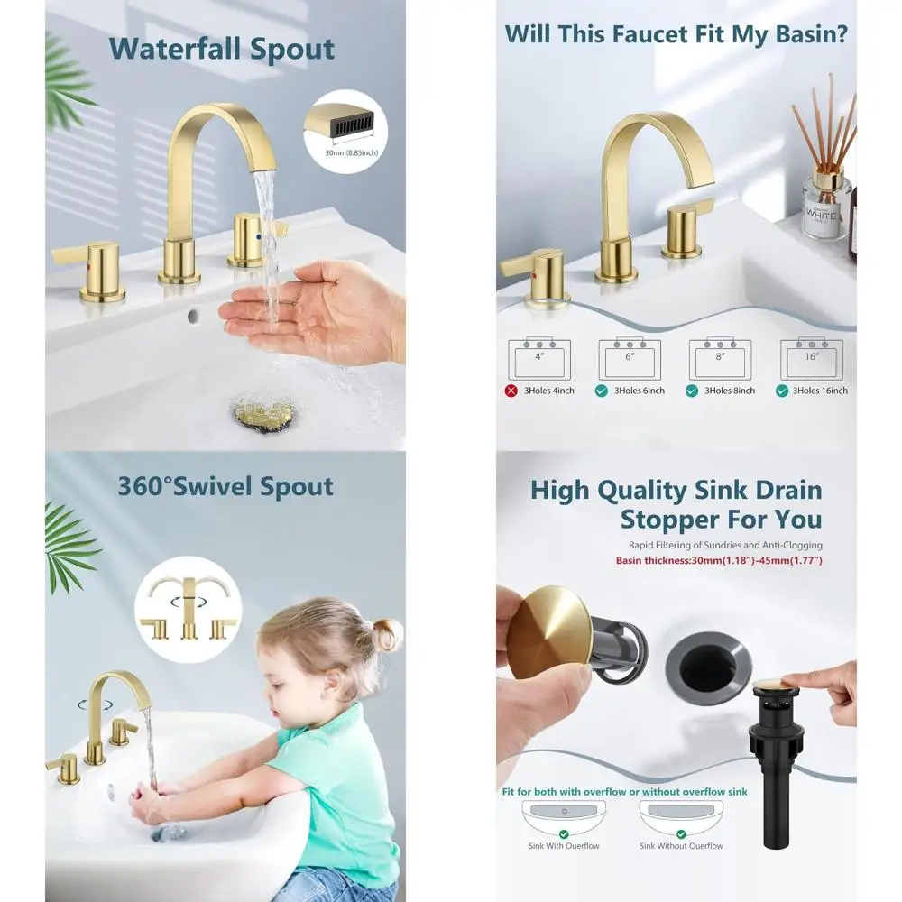 8 широко распространенных смесителей для раковины с водопадом и 3 отверстиями, 2 ручками, выдвижным сливом и подающим шлангом золотого цвета
8 широко распространенных смесителей для раковины с водопадом и 3 отверстиями, 2 ручками, выдвижным сливом и подающим шлангом золотого цвета