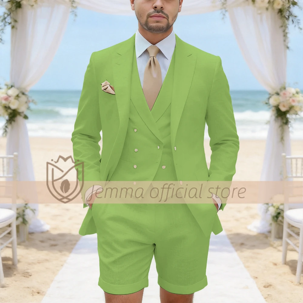 Men's Custom 3-Piece Lime Green Linen Suit, Single Breasted Blazer, Vest & Cuffed Shorts for Beach Weddings & Formal Events
Men's Custom 3-Piece Lime Green Linen Suit, Single Breasted Blazer, Vest & Cuffed Shorts for Beach Weddings & Formal Events