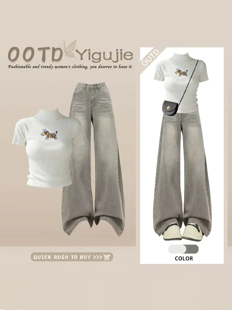 Retro Sweet Cool Korean Style Shoulder High Waist Slim Fit Embroidered Inner Shirt Summer Grey Denim Pants Two Piece Set
Retro Sweet Cool Korean Style Shoulder High Waist Slim Fit Embroidered Inner Shirt Summer Grey Denim Pants Two Piece Set