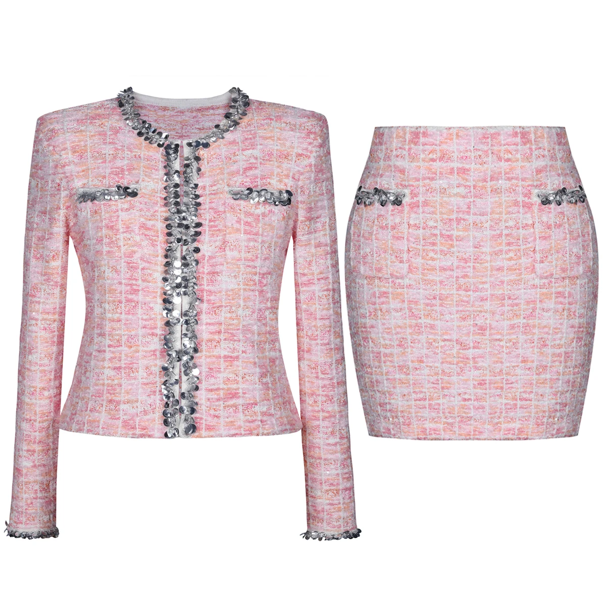 High Quality New Fashionable Elastic Knitted Round Neck Checkered Bead Decoration Cardigan Slim Fit Short Skirt Casual Women Set
High Quality New Fashionable Elastic Knitted Round Neck Checkered Bead Decoration Cardigan Slim Fit Short Skirt Casual Women Set