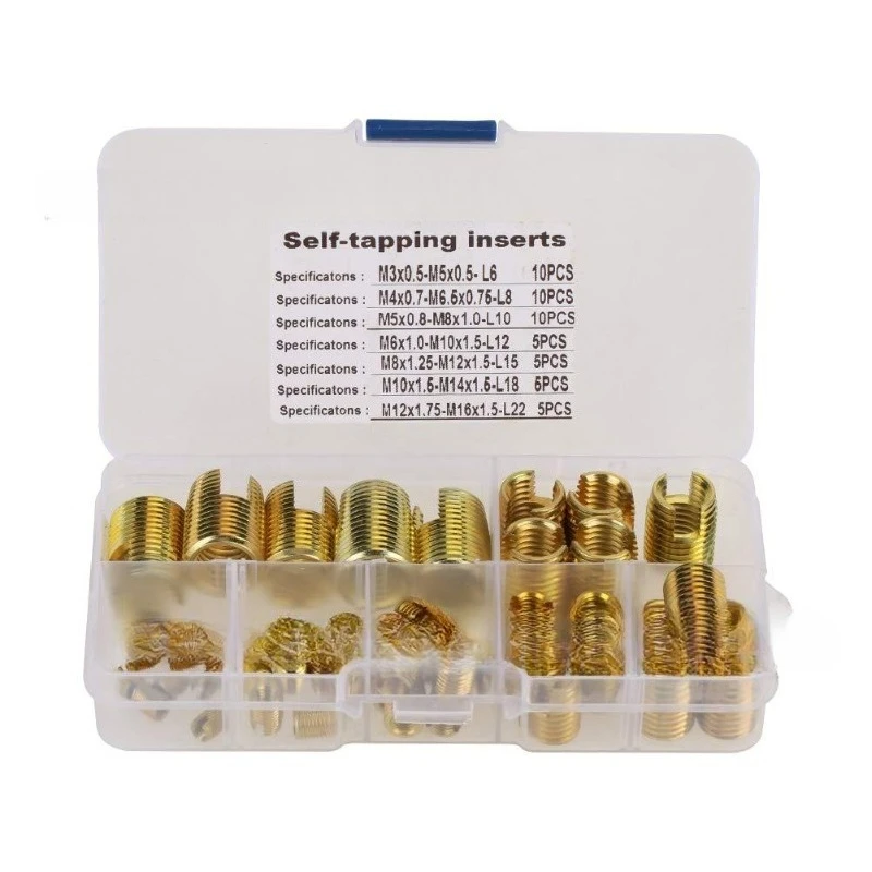 50Pcs Brass Tone Self Tapping Thread Slotted Inserts Combination Set Repair Thread Insert Tool with Box
50Pcs Brass Tone Self Tapping Thread Slotted Inserts Combination Set Repair Thread Insert Tool with Box