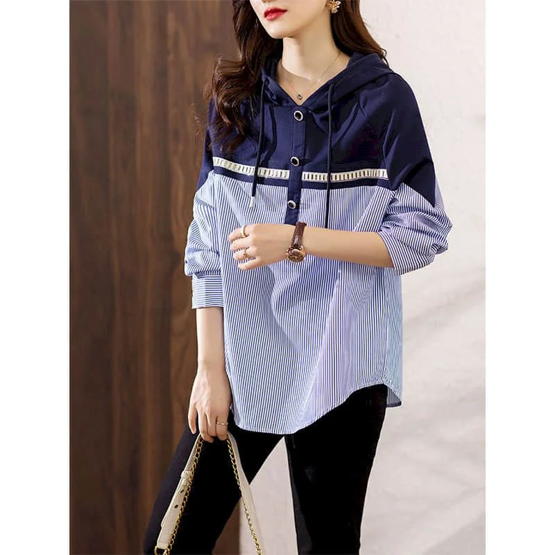 Striped Shirts for Women Hooded Korean Fashion Oversized Blouse Patchwork Fake Two Pieces Pullover Long Sleeve Casual Women Tops
Striped Shirts for Women Hooded Korean Fashion Oversized Blouse Patchwork Fake Two Pieces Pullover Long Sleeve Casual Women Tops