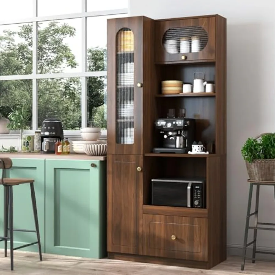 70.87" H Tall Kitchen Pantry Storage Cabinet with Countertop, Glass Doors, Drawers, Microwave Stand and Pull-Out Shelf, Freesta
70.87" H Tall Kitchen Pantry Storage Cabinet with Countertop, Glass Doors, Drawers, Microwave Stand and Pull-Out Shelf, Freesta