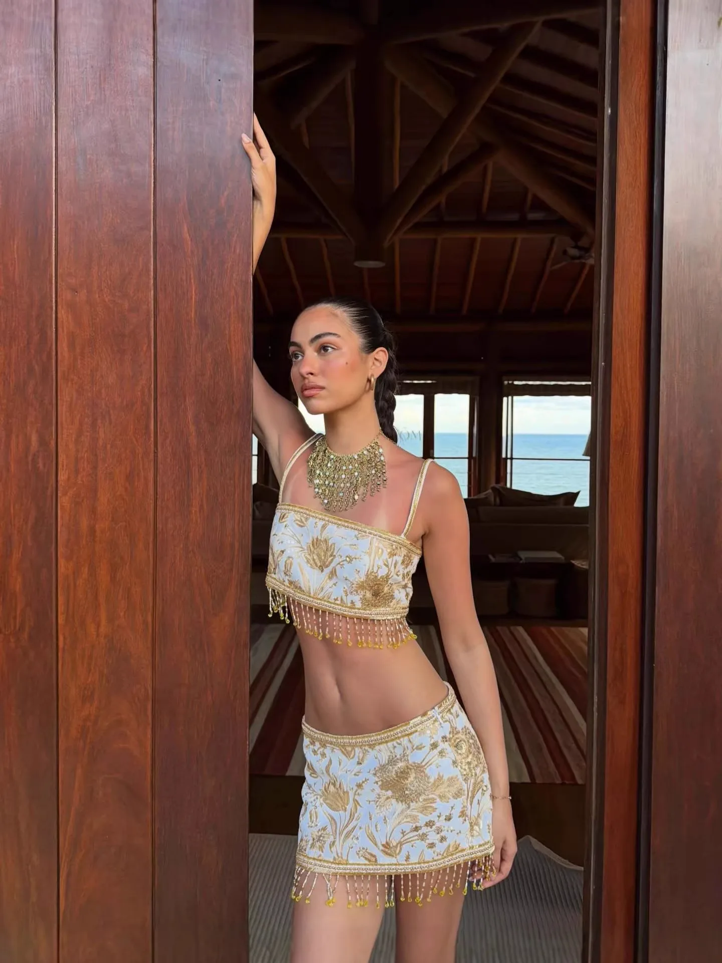 Sexy White Gold Embroidered Two Piece Spaghetti Strap Floral Embroidery Crop Top Mini Skirt Dress Beaded Tassel Vacation Party
Sexy White Gold Embroidered Two Piece Spaghetti Strap Floral Embroidery Crop Top Mini Skirt Dress Beaded Tassel Vacation Party