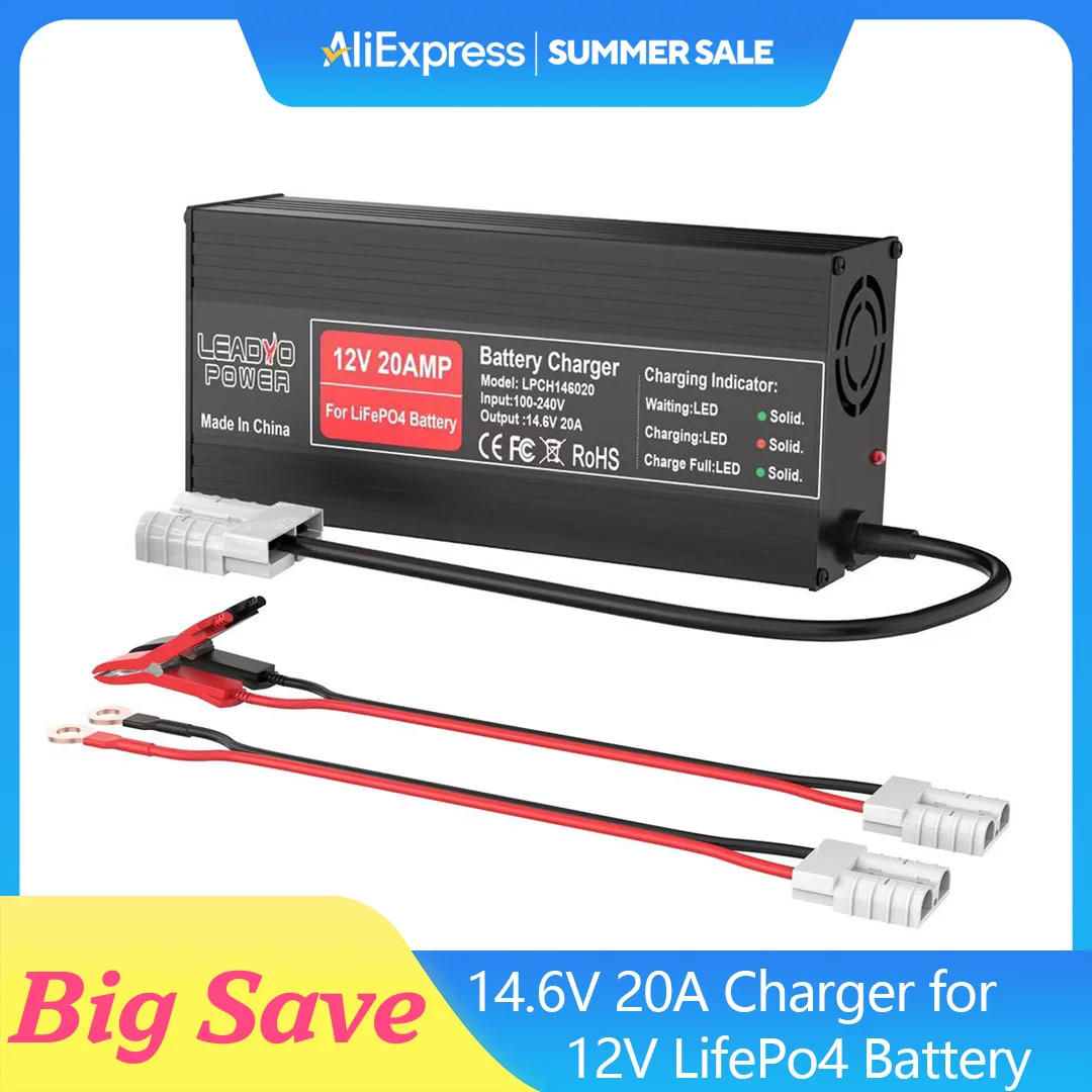 14.6V 20A Charger 12V LiFePO4 Battery Charger Aluminum Case Use For 12V Lithium iron Phosphate RV Caravan Battery Smart Charger
14.6V 20A Charger 12V LiFePO4 Battery Charger Aluminum Case Use For 12V Lithium iron Phosphate RV Caravan Battery Smart Charger