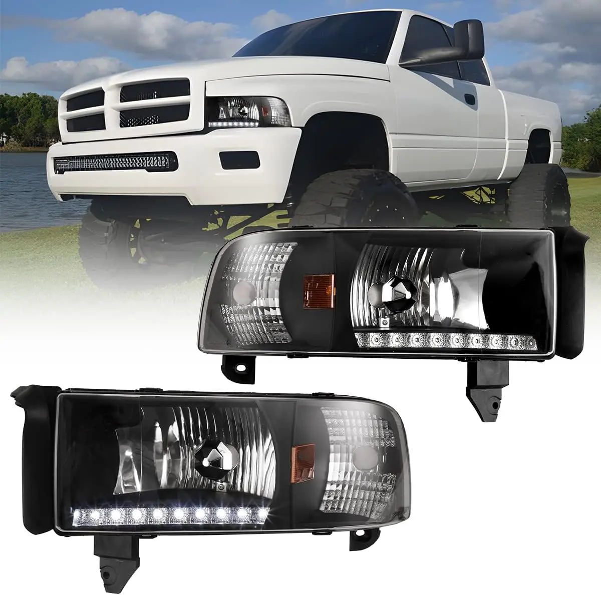 Headlights Assembly for 1994-2001 Dodge Ram 1500 2500 3500, 1995-2002 Dodge Ram 4000, Headlights w/Led Drl, Amber Reflector, Hig
Headlights Assembly for 1994-2001 Dodge Ram 1500 2500 3500, 1995-2002 Dodge Ram 4000, Headlights w/Led Drl, Amber Reflector, Hig