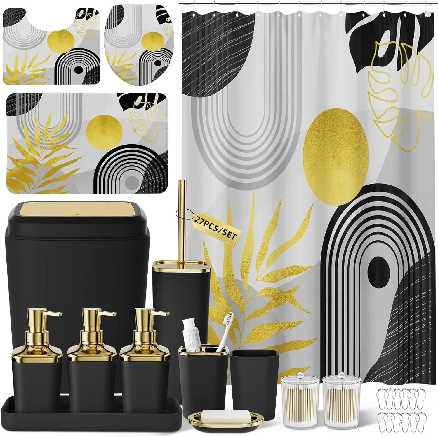 27 Piece Black Bathroom Set with Shower Curtain, Rugs, Trash Can, Toilet Brush & Soap Dispensers
27 Piece Black Bathroom Set with Shower Curtain, Rugs, Trash Can, Toilet Brush & Soap Dispensers