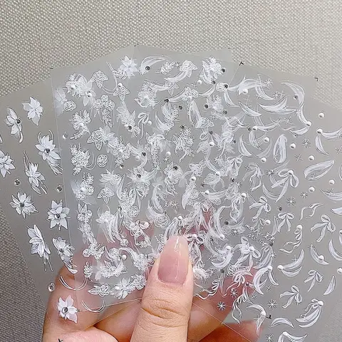 TSZS 1PC 3D Nail Stickers INS White Flower Nail Art Decorations Flower Rose Ribbon with Pearl Decals Manicure Accessories