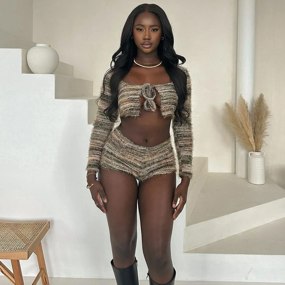 Women Set Autumn Winter Sexy Long Sleeve Tie-Up Sweater And Tight Shorts Matching Two Piece Sets Striped Knitted Women Short Set
Women Set Autumn Winter Sexy Long Sleeve Tie-Up Sweater And Tight Shorts Matching Two Piece Sets Striped Knitted Women Short Set