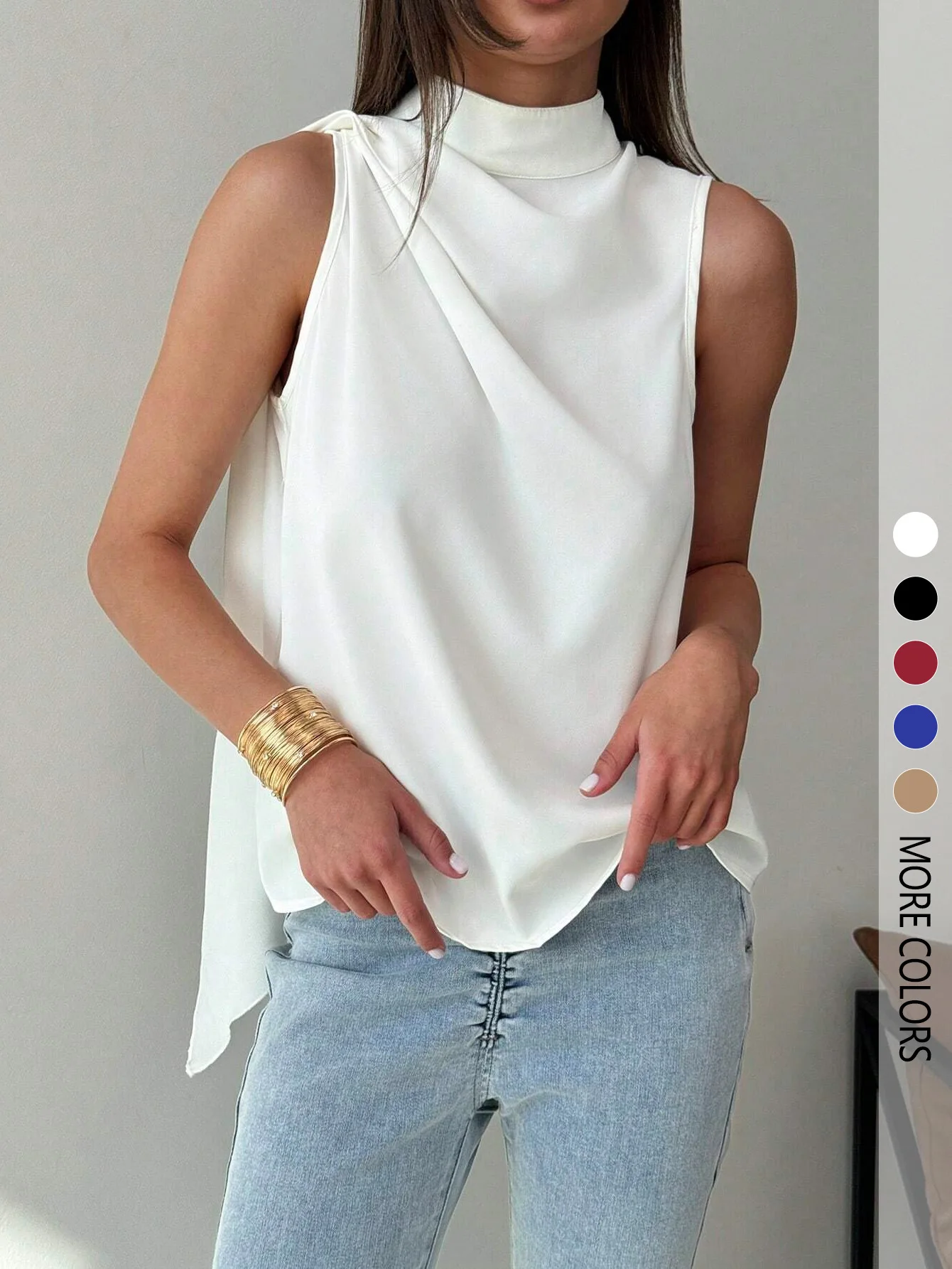 Ladies' fashionable sleeveless solid color high neck ribbon shirt top
Ladies' fashionable sleeveless solid color high neck ribbon shirt top