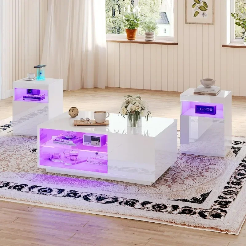 3-Piece Modern High Gloss LED Table Set, Coffee Table with 20-Color LED Lights, 2 End Tables with Wireless Charging Station
3-Piece Modern High Gloss LED Table Set, Coffee Table with 20-Color LED Lights, 2 End Tables with Wireless Charging Station