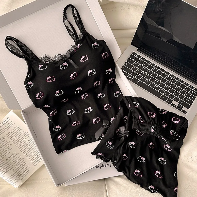 Summer new black suspender lace cute cartoon Hello Kitty pajamas women's sweet loungewear set
Summer new black suspender lace cute cartoon Hello Kitty pajamas women's sweet loungewear set