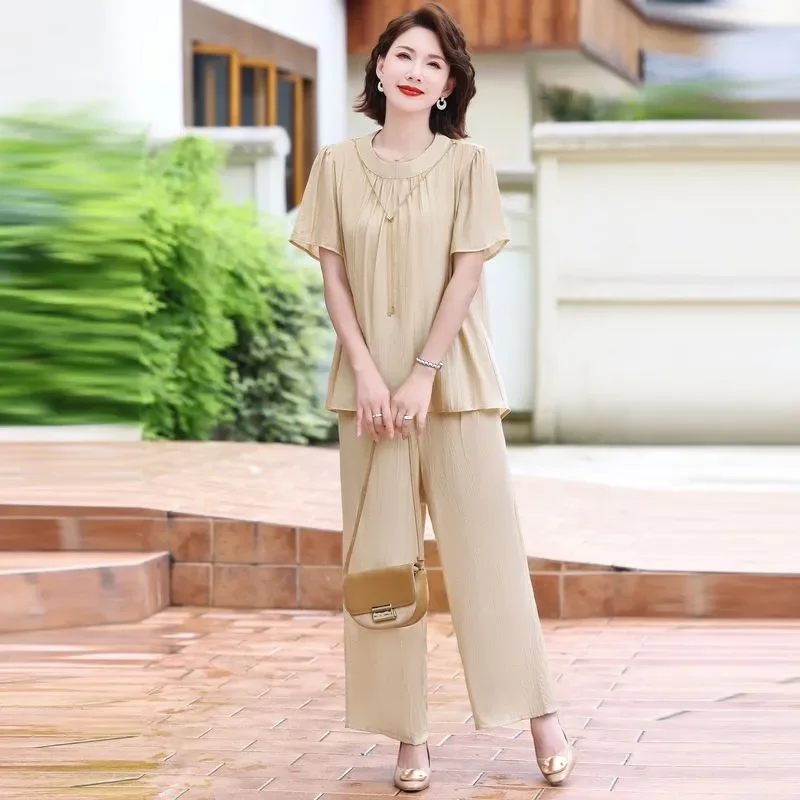 Zen Style Loose Solid Short Sleeve Wide Leg Pants Two Piece Mother Outfits
Zen Style Loose Solid Short Sleeve Wide Leg Pants Two Piece Mother Outfits