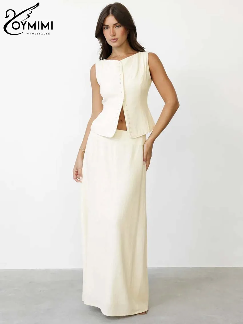 Oymimi Fashion White Cotton Two Piece Sets For Women Elegant Sleeveless Single Breasted Tops And Simple Floor-Length Skirts Sets
Oymimi Fashion White Cotton Two Piece Sets For Women Elegant Sleeveless Single Breasted Tops And Simple Floor-Length Skirts Sets