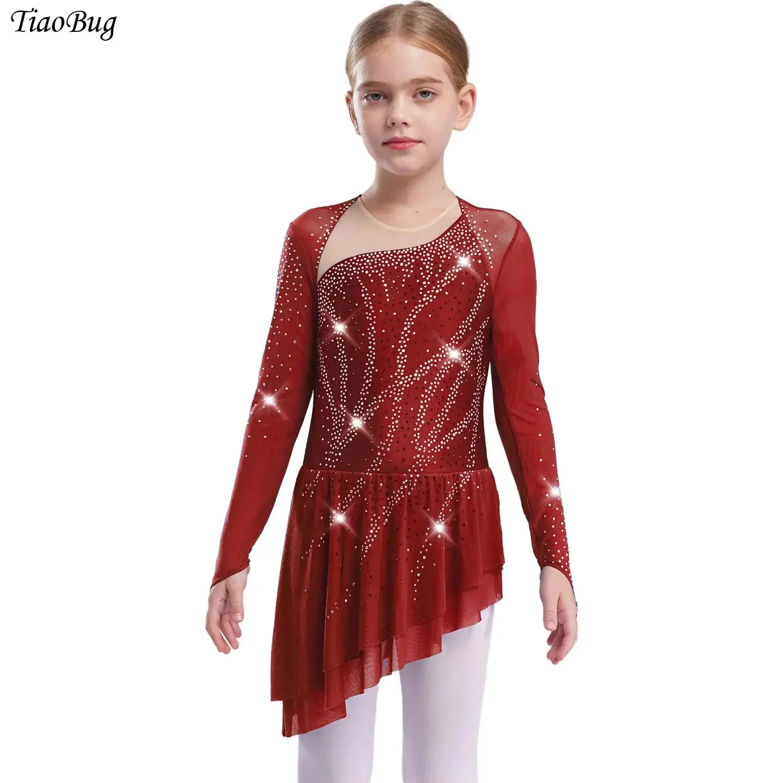 Kids Girls Lyrical Dance Dress Long Sleeves Cutout Back Asymmetric Hem Sheer Mesh Overlay Dress Figure Skating Ballet Dancewear 
Kids Girls Lyrical Dance Dress Long Sleeves Cutout Back Asymmetric Hem Sheer Mesh Overlay Dress Figure Skating Ballet Dancewear