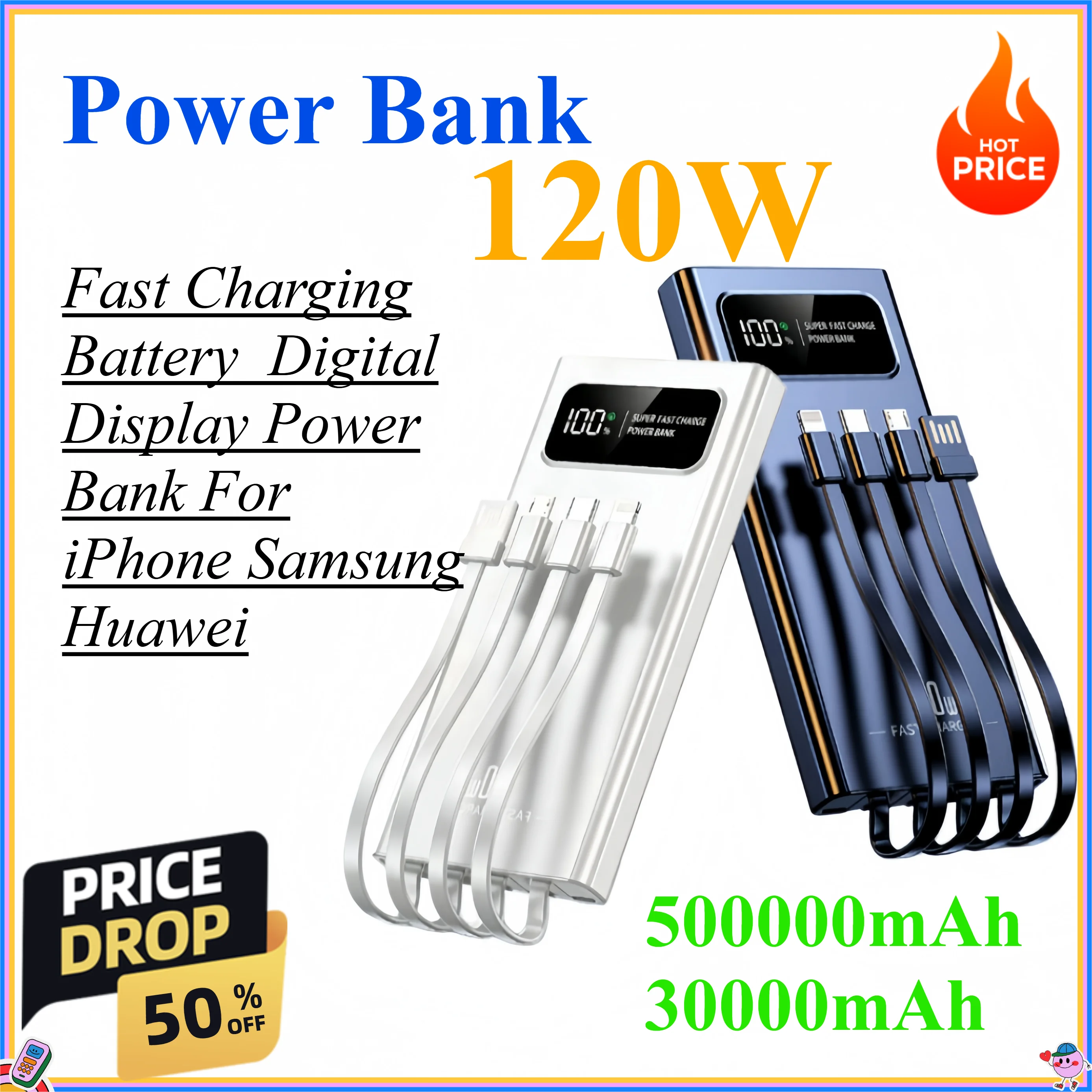 500000mAh 30000mAh Power Bank 120W Fast Charging Battery High Capacity Digital Display Power Bank For iPhone Samsung Huawei
500000mAh 30000mAh Power Bank 120W Fast Charging Battery High Capacity Digital Display Power Bank For iPhone Samsung Huawei