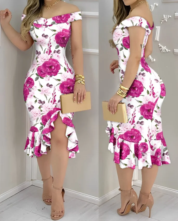 Flower Print Off Shoulder Slim Fit Dress with Ruffled Edges, Elegant Summer One-Piece Collar Waist and Hip Cinching Dress
Flower Print Off Shoulder Slim Fit Dress with Ruffled Edges, Elegant Summer One-Piece Collar Waist and Hip Cinching Dress