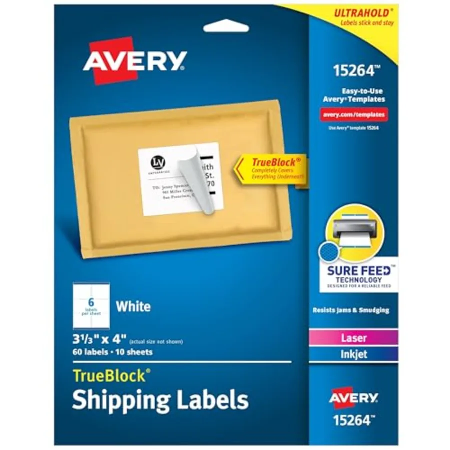 Printable Shipping Labels, Sure Feed Technology, 3-1/3" x 4", White, Laser/Inkjet Printable, 60 Blank Mailing Labels 15264
Printable Shipping Labels, Sure Feed Technology, 3-1/3" x 4", White, Laser/Inkjet Printable, 60 Blank Mailing Labels 15264
