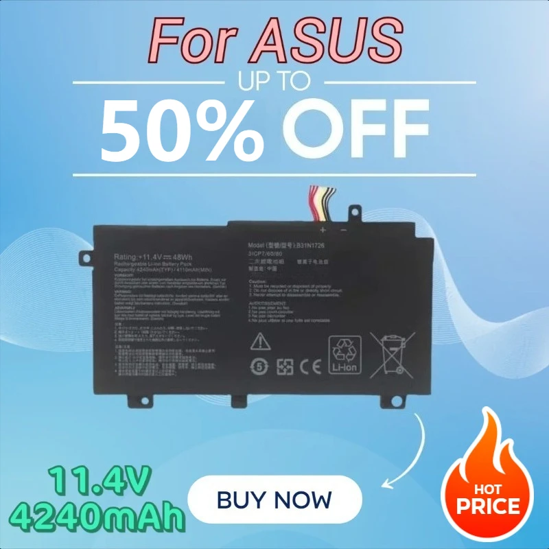 Аккумуляторы B31N1726 11,4 В, 4240 мАч для ASUS FX80G FX86F/G FX95G FX505G FX504G
Аккумуляторы B31N1726 11,4 В, 4240 мАч для ASUS FX80G FX86F/G FX95G FX505G FX504G