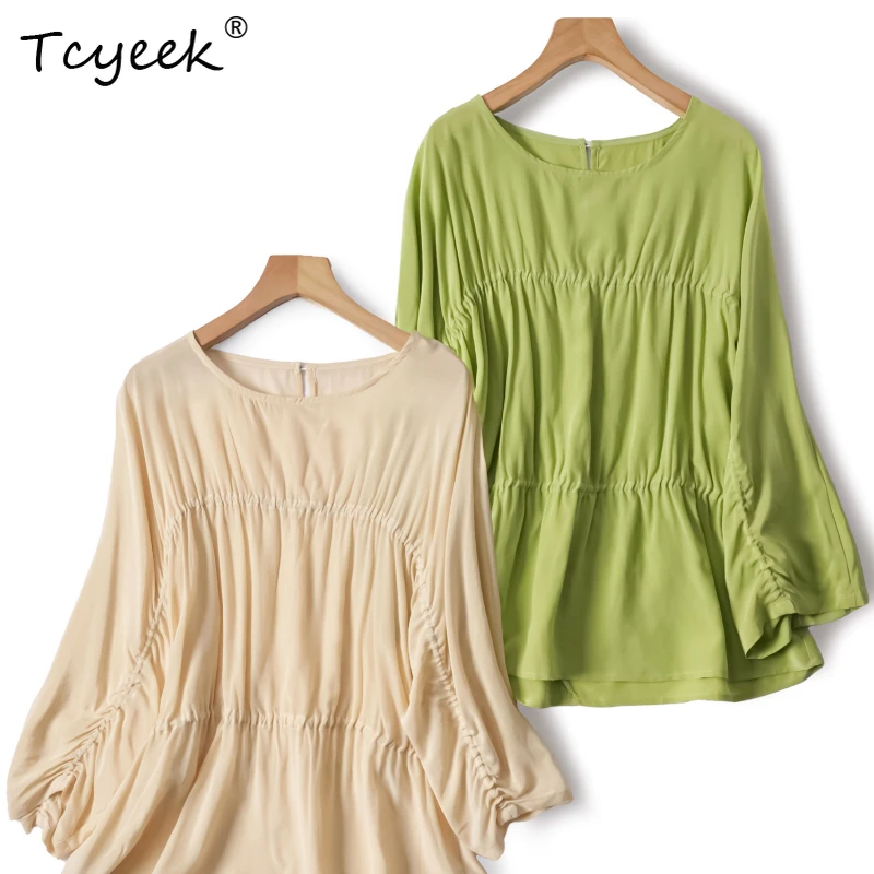 Tcyeek 100% Real Mulberry Silk Spring Summer Solid Color Slimming Round Neck Bat Long Sleeved Women's Shirts Женская Одежда 여름옷
Tcyeek 100% Real Mulberry Silk Spring Summer Solid Color Slimming Round Neck Bat Long Sleeved Women's Shirts Женская Одежда 여름옷