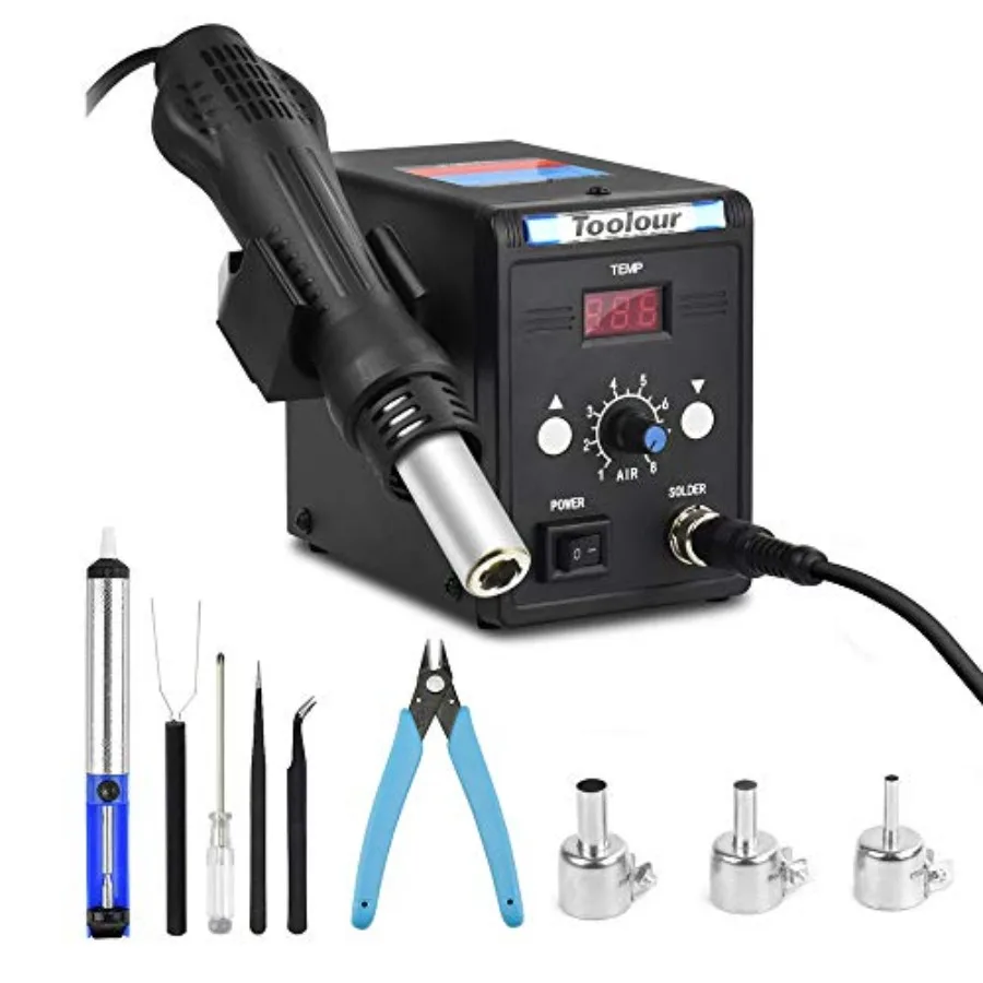 Hot Air Rework Station Solder Heat Gun, °F/°C Display, 110V SMD Hot Air Gun, Temp. and Airflow Adjustable Soldering Stations fo
Hot Air Rework Station Solder Heat Gun, °F/°C Display, 110V SMD Hot Air Gun, Temp. and Airflow Adjustable Soldering Stations fo