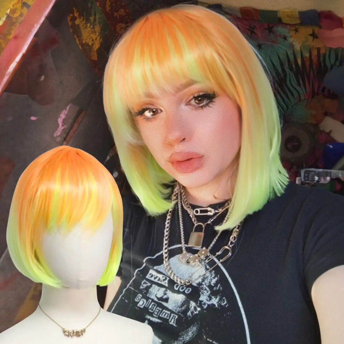 New Colorful Gradient Synthetic Bobo Wig with Sunglasses Accessories for Party Cosplay Halloween Fashion Short Bob Hairpiece
New Colorful Gradient Synthetic Bobo Wig with Sunglasses Accessories for Party Cosplay Halloween Fashion Short Bob Hairpiece