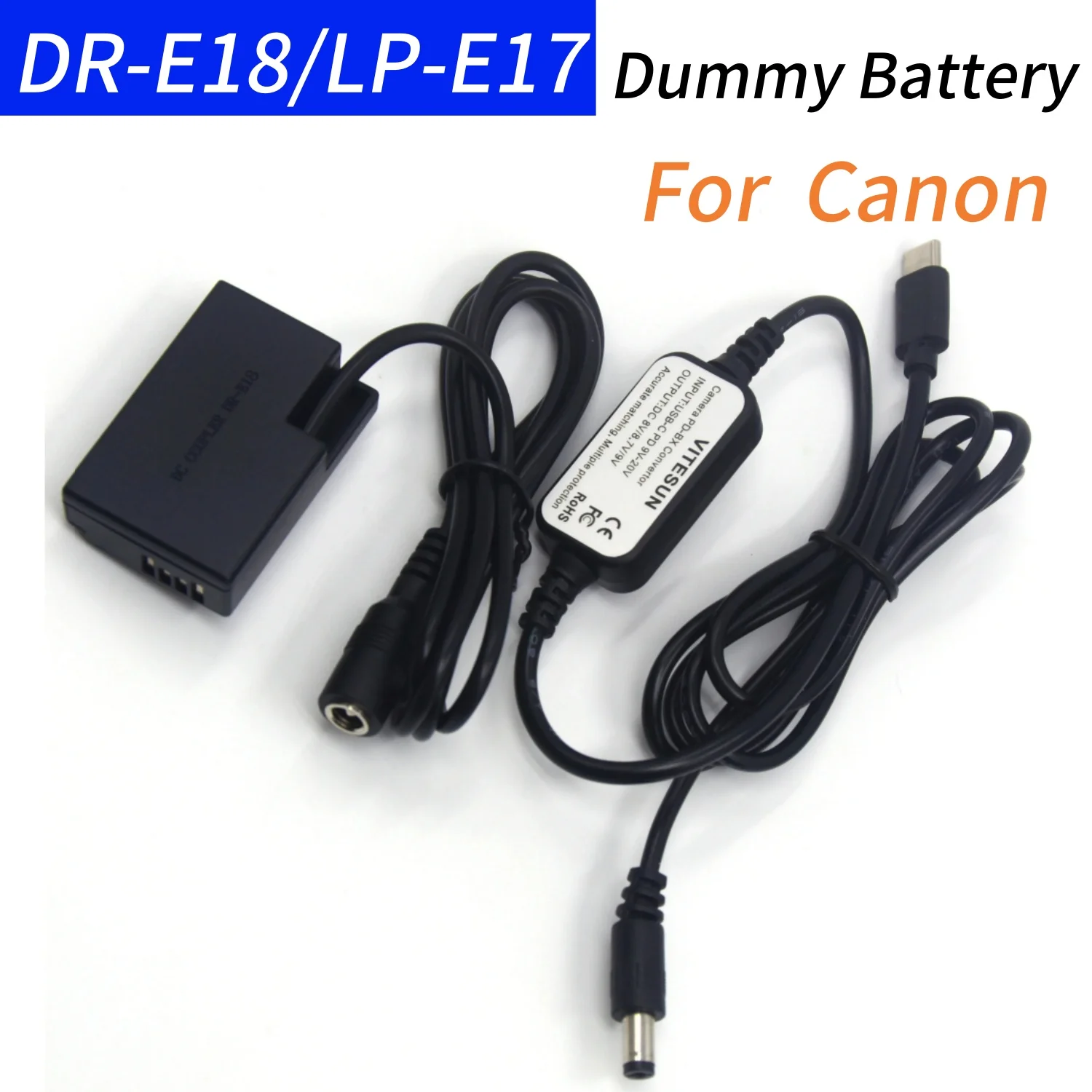 DR-E18 DC Coupler LP-E17 Dummy Battery+USB C to 5.5mm X 2.1mm Male Cable for Canon Rebel SL2 T6i T8i EOS 77D 200D 800D Kiss X8i
DR-E18 DC Coupler LP-E17 Dummy Battery+USB C to 5.5mm X 2.1mm Male Cable for Canon Rebel SL2 T6i T8i EOS 77D 200D 800D Kiss X8i