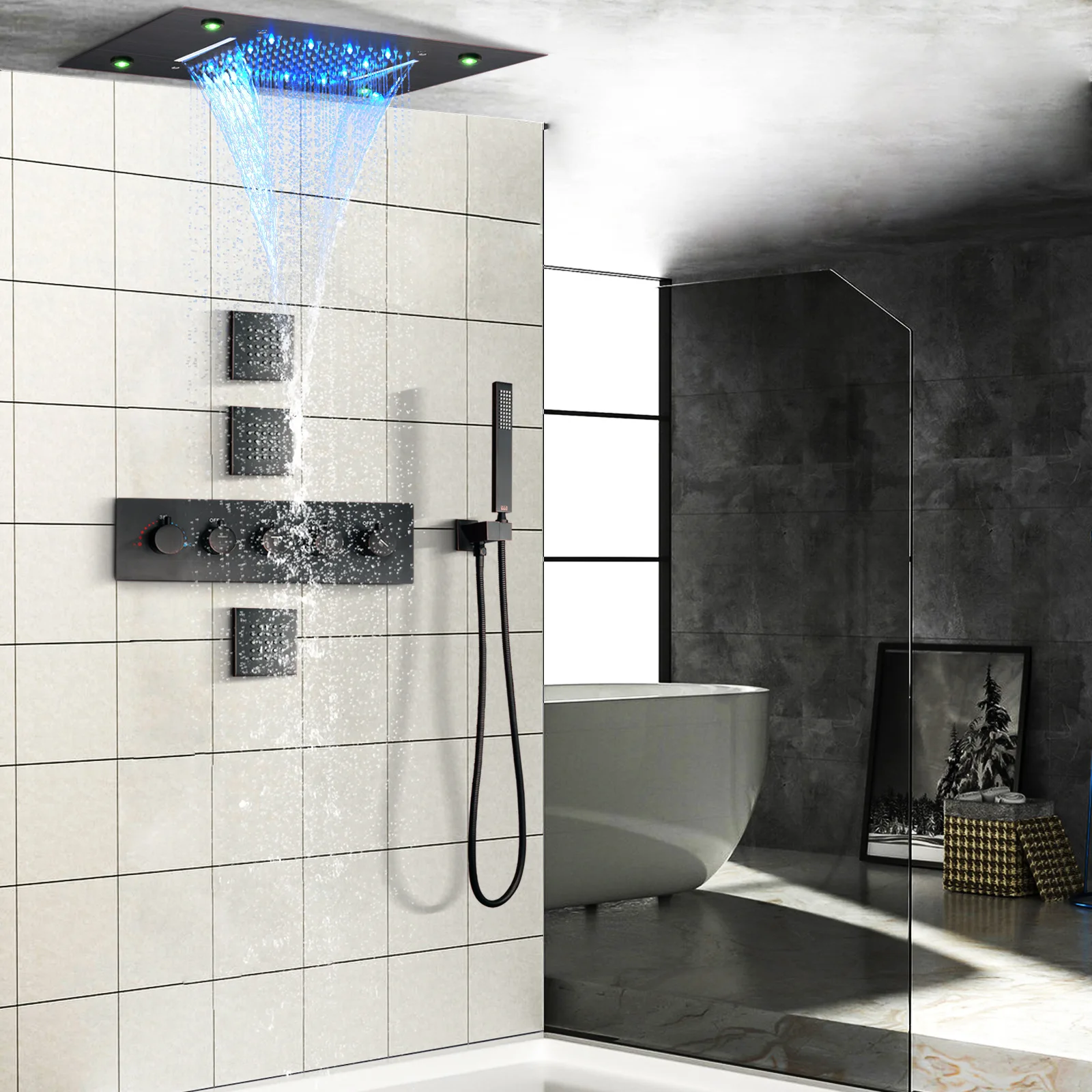 Simple hidden four function LED thermostatic shower head, complete bathroom waterfall shower side spray set