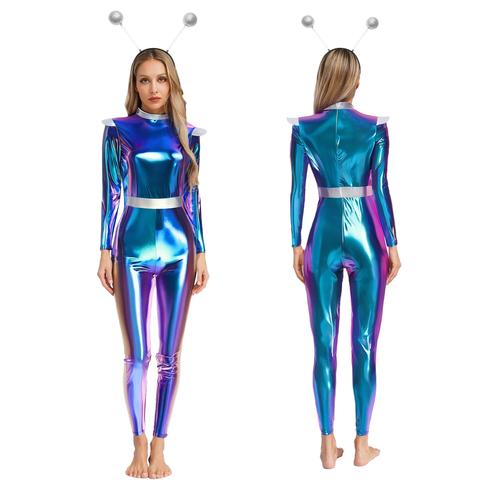 Women Carnival Party Alien Robot Astronaut Cosplay Performance Jumpsuit with Headwear Holographic Halloween Alien Outfits
Women Carnival Party Alien Robot Astronaut Cosplay Performance Jumpsuit with Headwear Holographic Halloween Alien Outfits