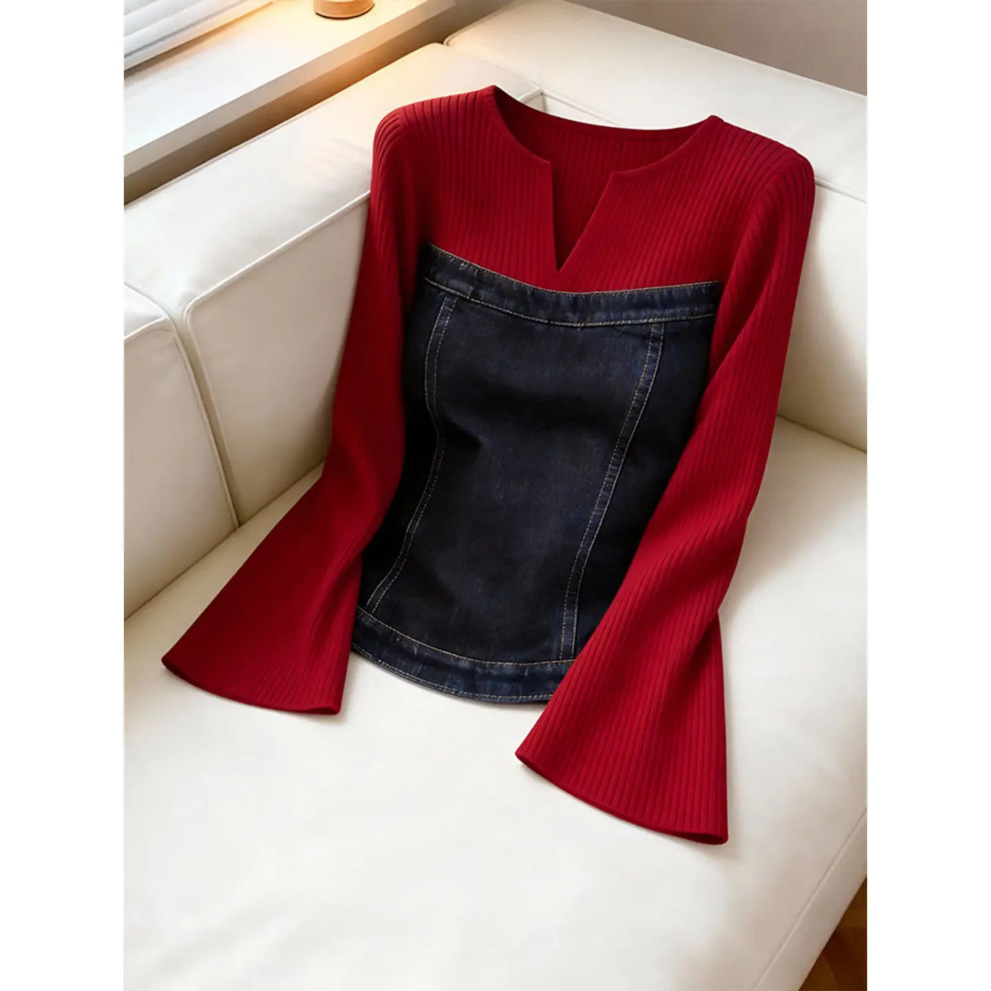 Women's Y2K Red Ribbed Knit Denim Patchwork Top V-neck Slim Flare Long Sleeve Blouse Elegant Casual Fall Winter Pullover Sweater
Women's Y2K Red Ribbed Knit Denim Patchwork Top V-neck Slim Flare Long Sleeve Blouse Elegant Casual Fall Winter Pullover Sweater