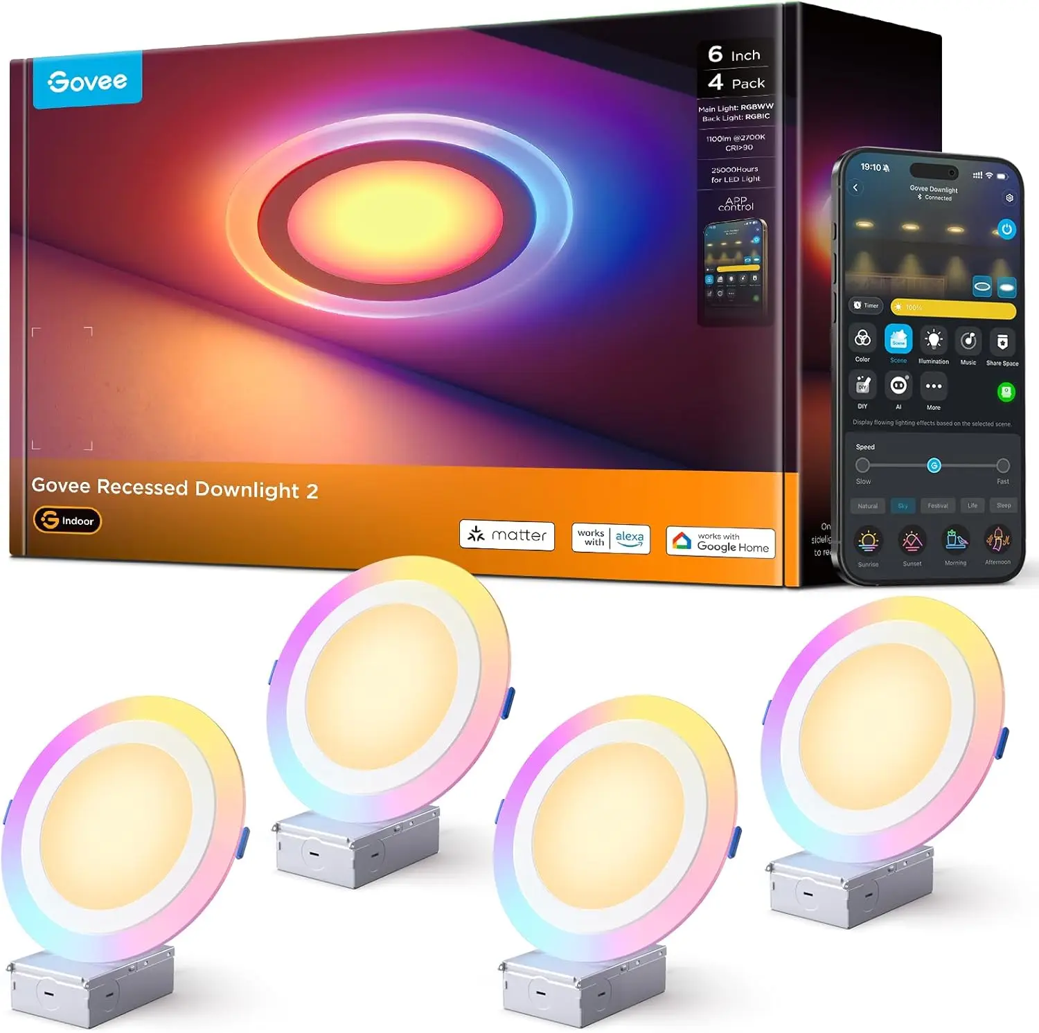 Smart Recessed Lighting 6 Inch, RGBIC LED Dimmable Downlight, Work with Alexa/Google, 1100LM Canless, 4 Pack
Smart Recessed Lighting 6 Inch, RGBIC LED Dimmable Downlight, Work with Alexa/Google, 1100LM Canless, 4 Pack
