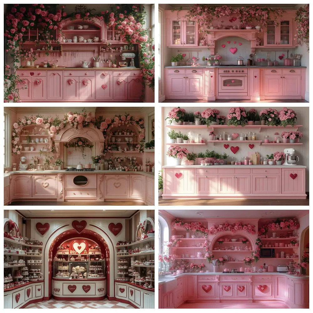 Valentine's Day Kitchen Scene Backdrop Pink Cabinet Cake Flowers Romantic Valentine Wedding Party Photography Background Decor
Valentine's Day Kitchen Scene Backdrop Pink Cabinet Cake Flowers Romantic Valentine Wedding Party Photography Background Decor