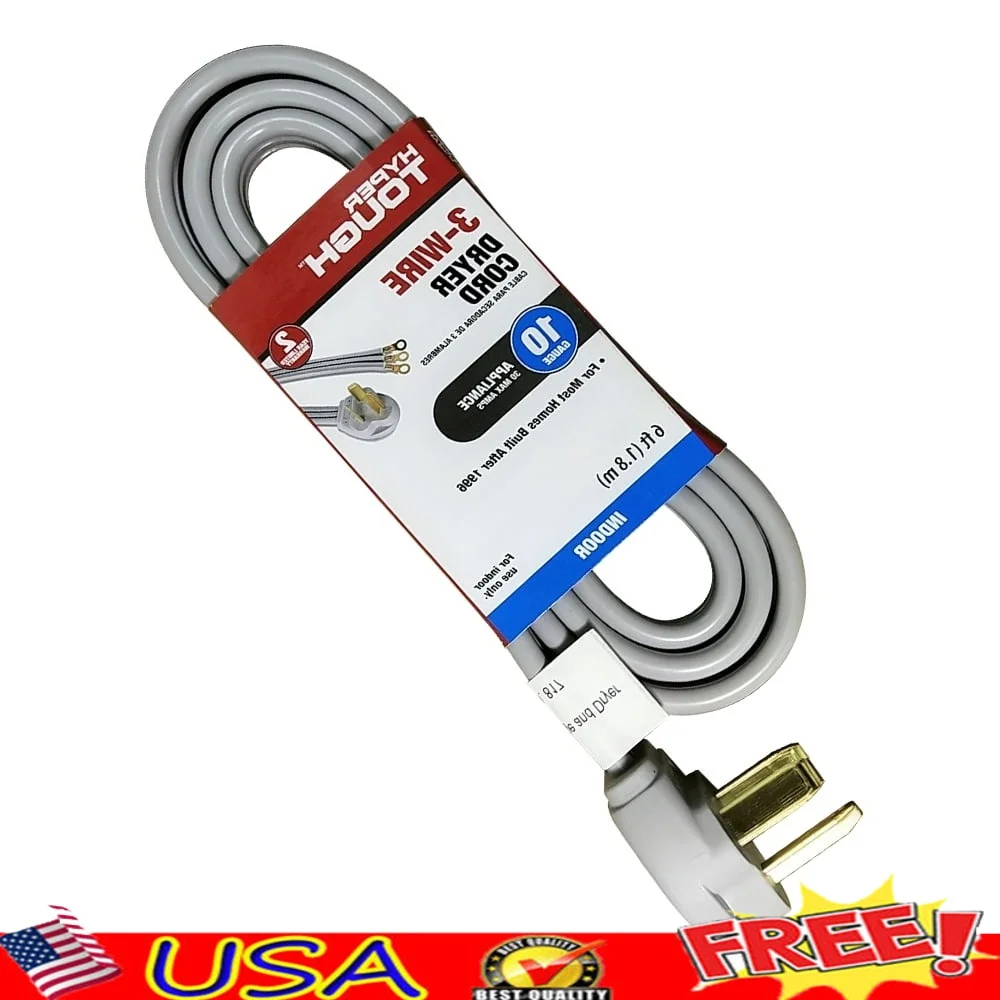 6FT 10AWG 3 Prong Indoor Dryer Cord 30 Amps Right Angle Plug Safe Installation Homes Built 1996 or Later
6FT 10AWG 3 Prong Indoor Dryer Cord 30 Amps Right Angle Plug Safe Installation Homes Built 1996 or Later