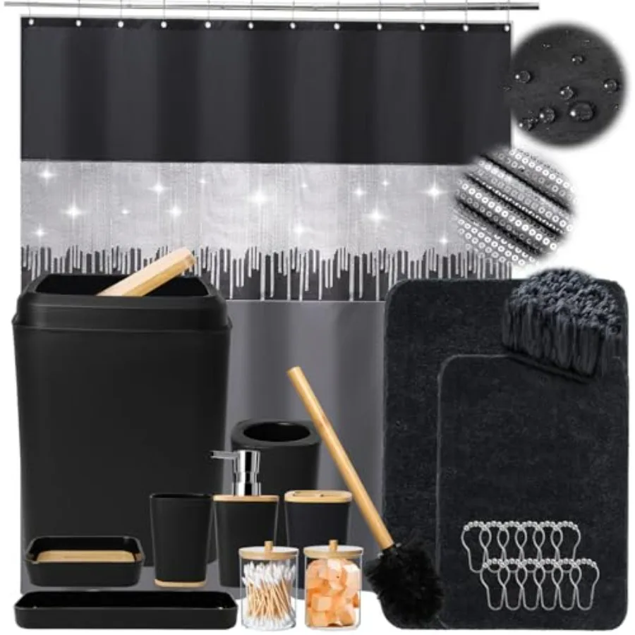 Black Bathroom Set 24PCS with Shower Curtain and Rugs for Modern Bathroom Durable Waterproof Material Compact Trash Can Include
Black Bathroom Set 24PCS with Shower Curtain and Rugs for Modern Bathroom Durable Waterproof Material Compact Trash Can Include