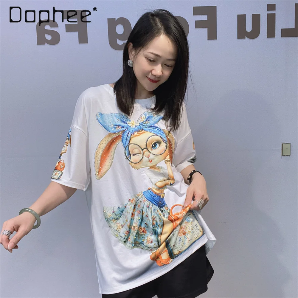 Crew Neck Short Sleeve T-Shirt Women's Summer Print Casual Fashion Beaded Rabbit Half Sleeve Top 2026 New Rhinestone Top
Crew Neck Short Sleeve T-Shirt Women's Summer Print Casual Fashion Beaded Rabbit Half Sleeve Top 2026 New Rhinestone Top
