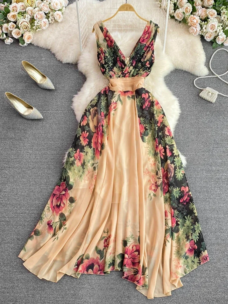 Elegant Evening Party Dress Women Sexy V-neck Floral Printed A-line Long Dresses Ladies Sleeveless Slim A-line Chiffon Long Robe
Elegant Evening Party Dress Women Sexy V-neck Floral Printed A-line Long Dresses Ladies Sleeveless Slim A-line Chiffon Long Robe